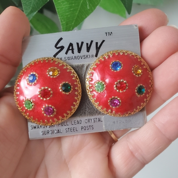 Vintage Savvy By Swarovski Full Lead Crystal Surgical Steel Earrings Round - Picture 7 of 8